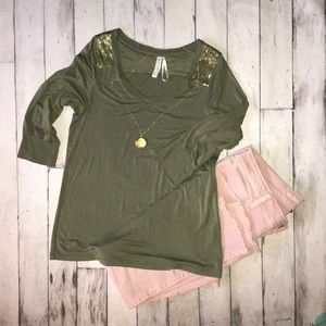 Olive green 3/4 sleeve tee with sequin details